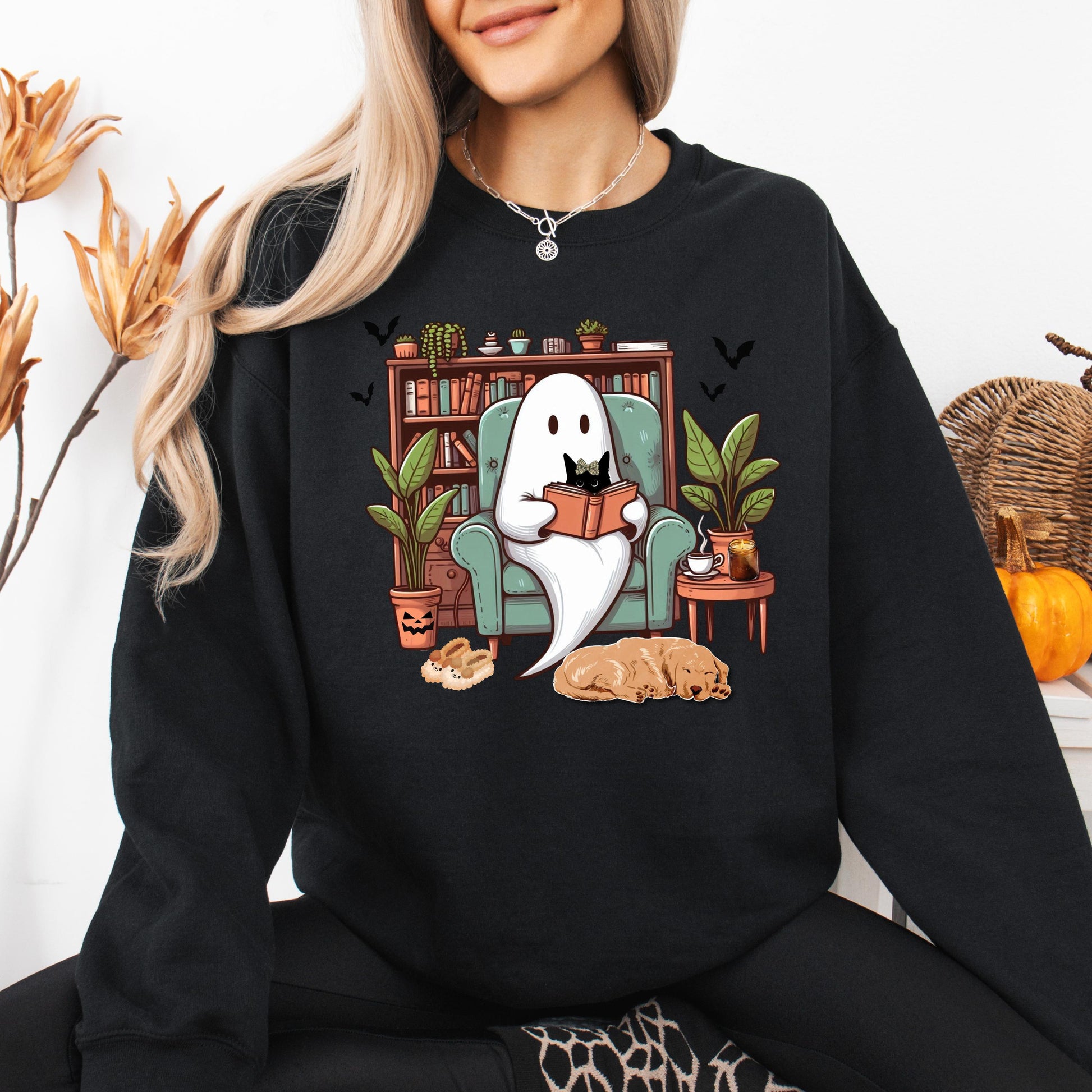Cozy Bookish Ghost Sweater, spooky library shirt, book lover gift, reading sweatshirt cottagecore pumpkin crewneck librarian gift