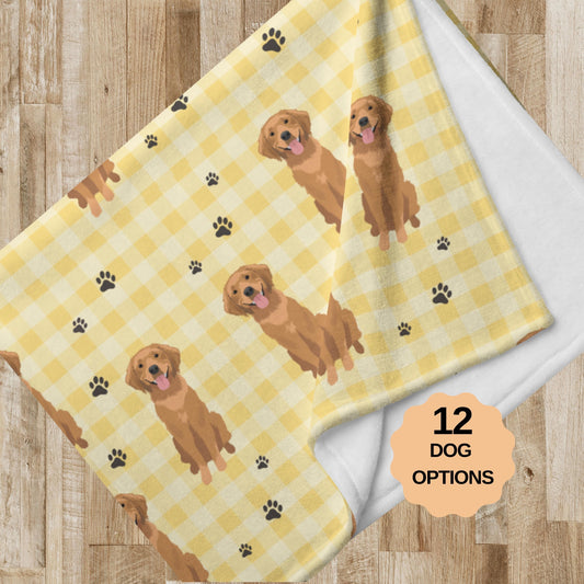 Yellow Checkered Golden Retriever Blanket, retriever gifts, bed cover, queen size bedspread, living room couch throw, golden mom home decor