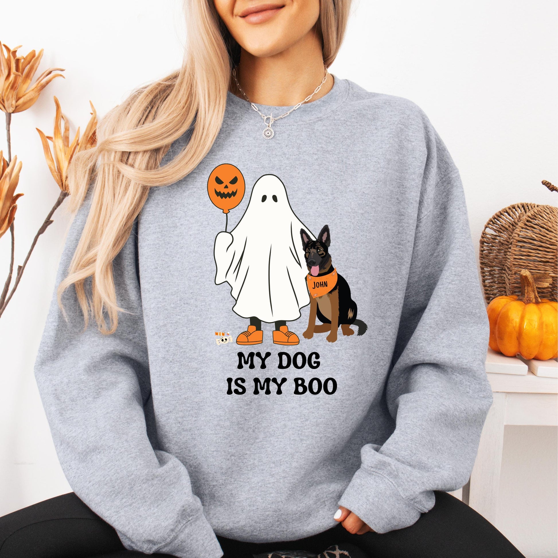 My German Shepherd Is My Boo Halloween Ghost Sweatshirt, spooky ghost dog shirt, Christmas gsd gift, fall shepherd mama, wife birthday gift
