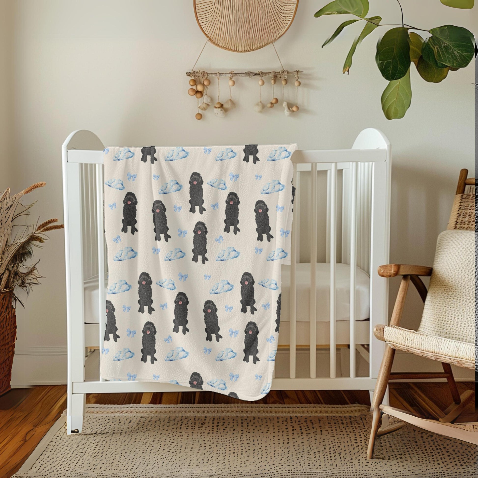 Goldendoodle Baby minky blanket with clouds bows, microfiber blanket, doodle blanket, doodle gift, newborn gift baby blanket, Christmas gift
