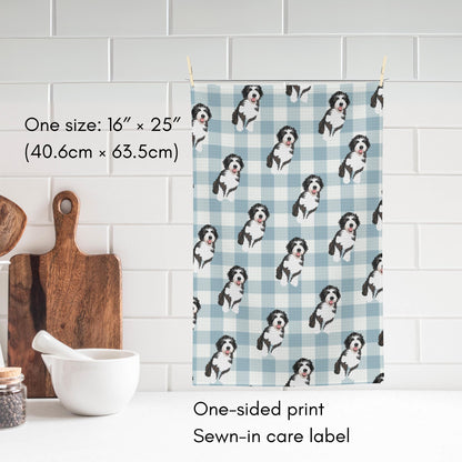 Blue Plaid Bernedoodle Tea Towel, waffle kitchen towel, dog flour sack, checkered dish towel, housewarming gift, new home gift, wife gift
