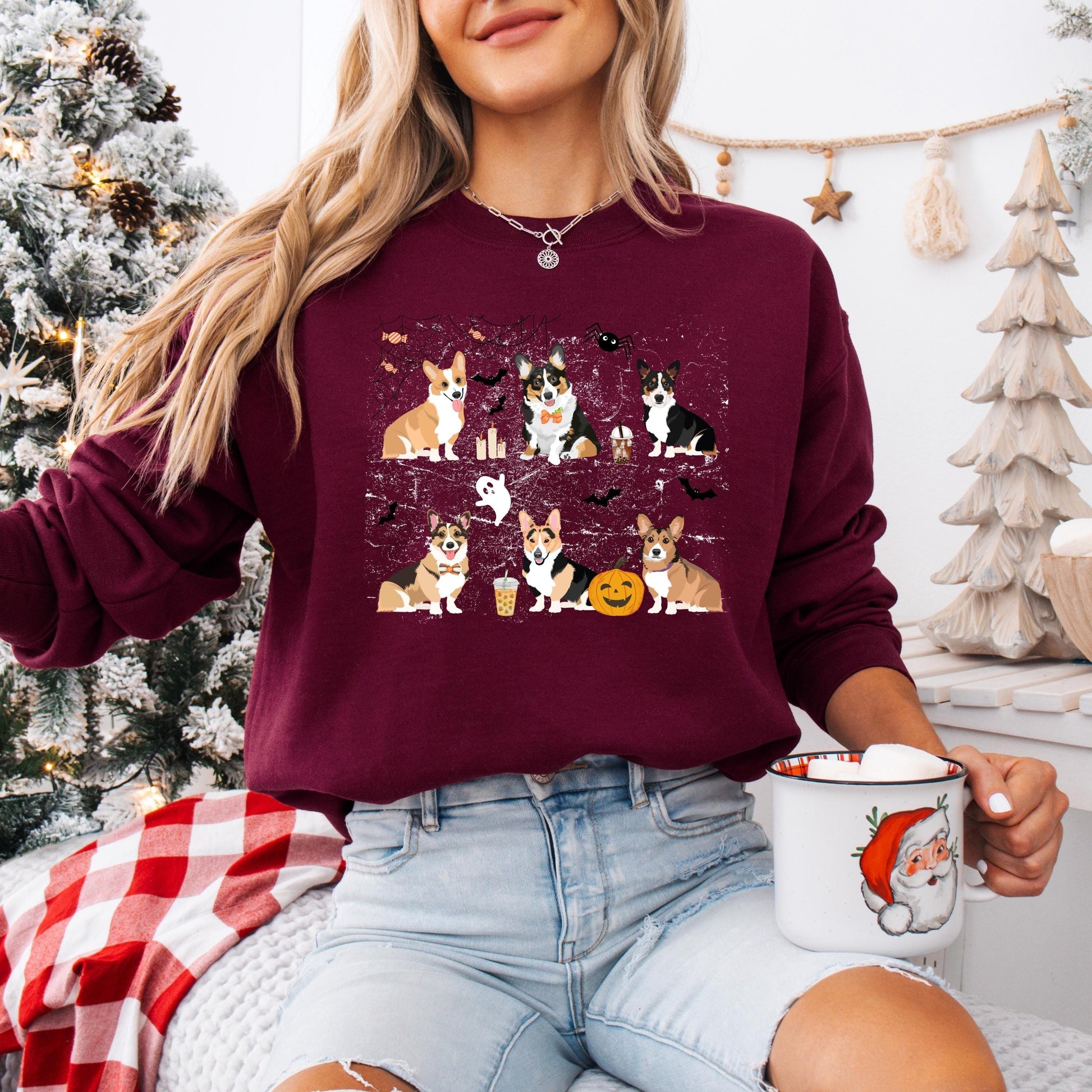 Spooky Halloween Corgi Sweatshirt, tricolor corgi gifts, dog mom sweatshirt, puppy corgi mama, corgi ghost crewneck, Christmas corgi sweater
