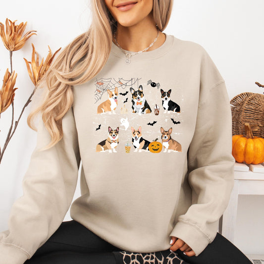 Spooky Halloween corgi sweatshirt with ghost, bats, spider, pumpkin