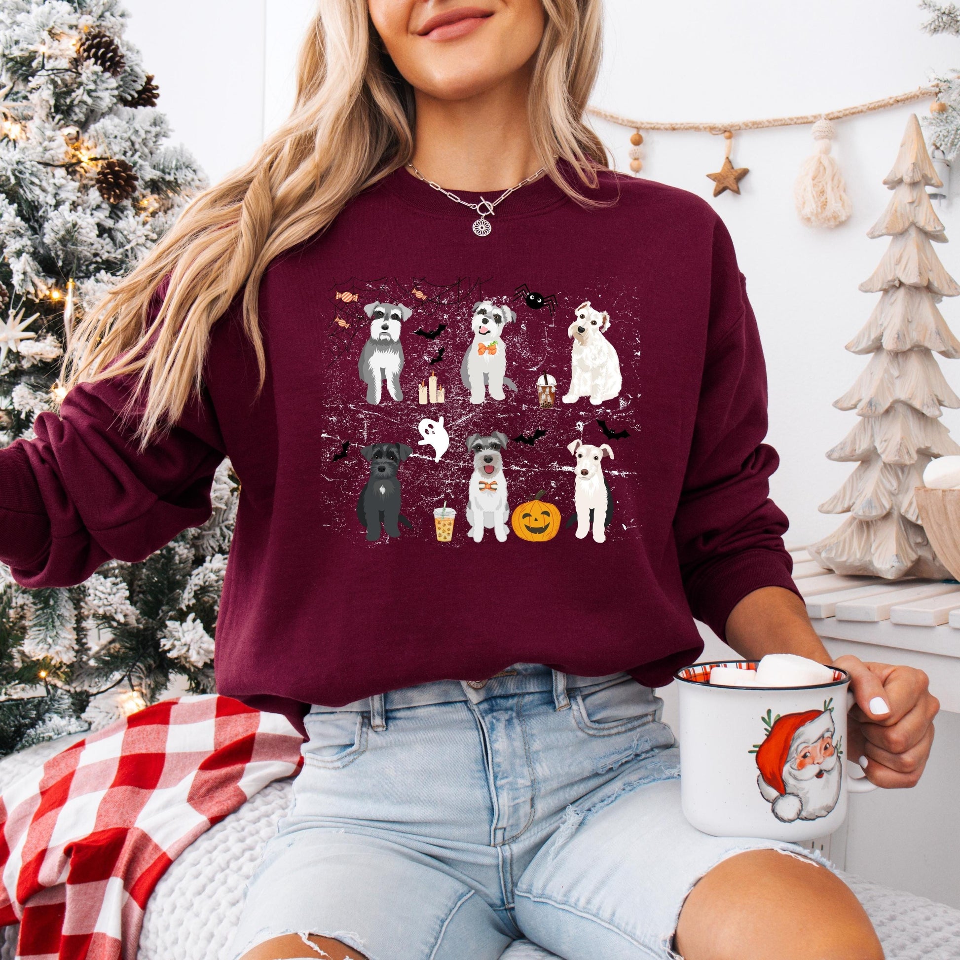 Spooky Halloween Schnauzer Sweatshirt, scottish terrier gift, pumpkin bat ghost shirt, wife birthday gift, Christmas west highland mom crew