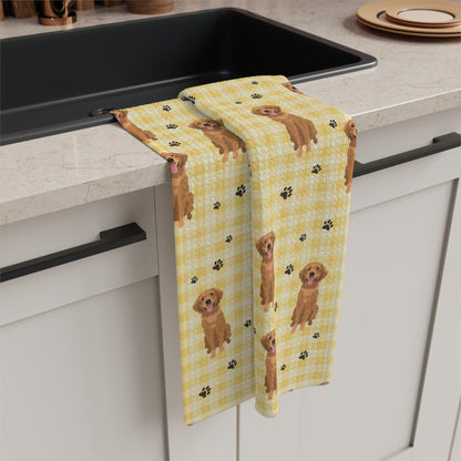 Yellow Checkered Gingham Golden Retriever Tea Towel, red retriever tea towel, waffle kitchen flour sack, housewarming gift, golden mom gift