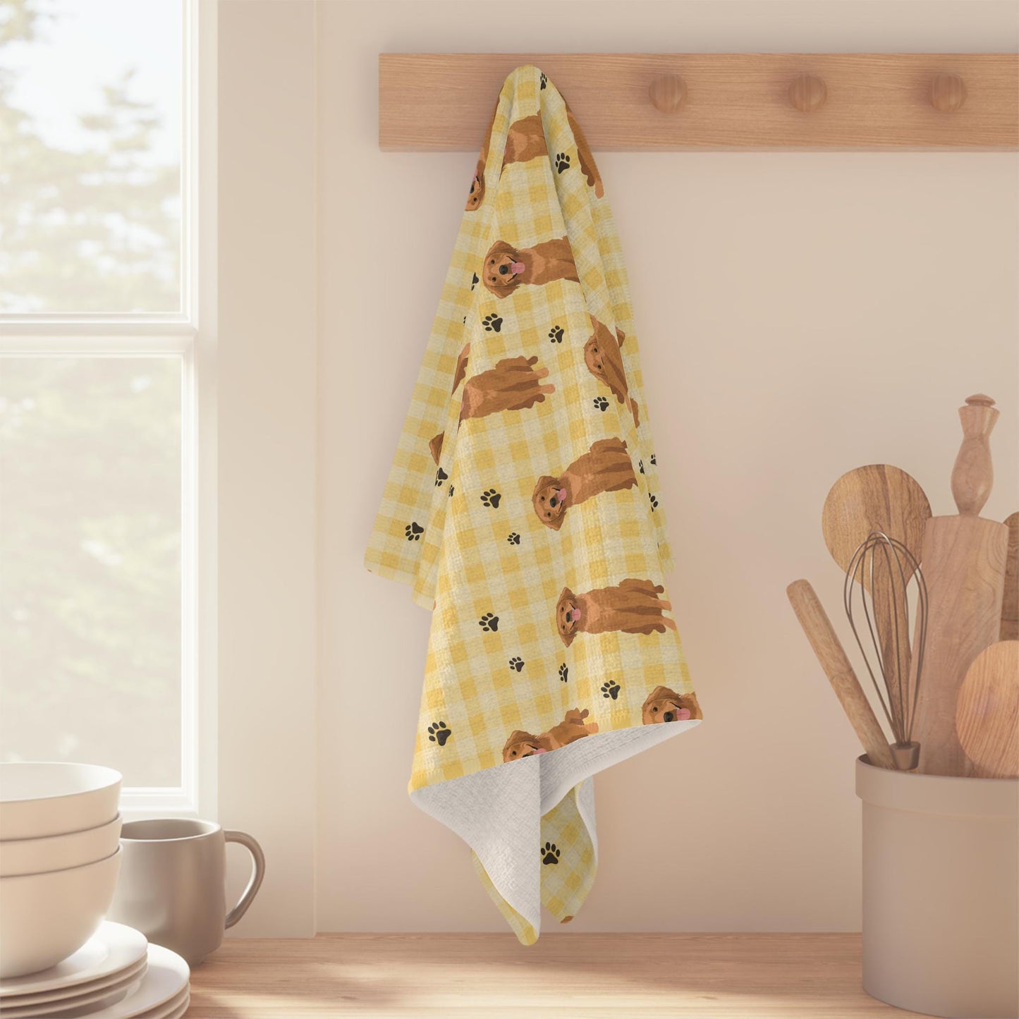 Yellow Checkered Gingham Golden Retriever Tea Towel, red retriever tea towel, waffle kitchen flour sack, housewarming gift, golden mom gift