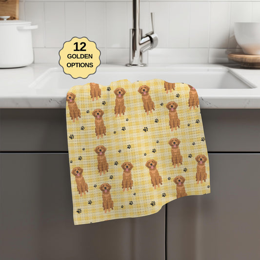 Yellow Checkered Golden Retriever Tea Towel
