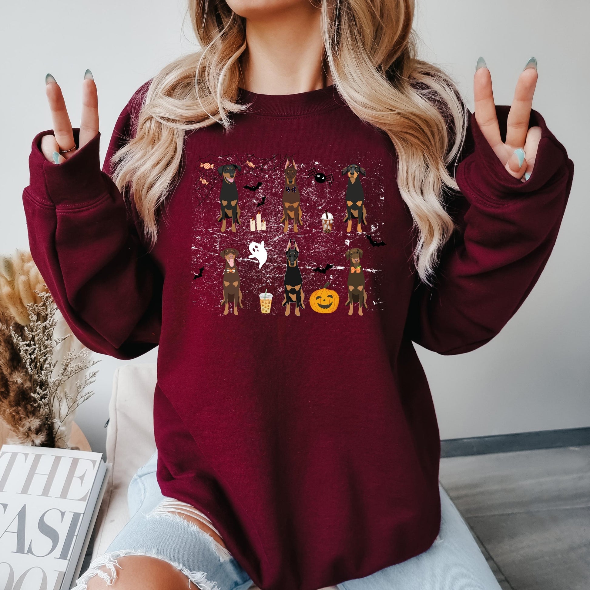 Halloween Doberman sweatshirt, doberman gifts, spooky season, fall crewneck, wife birthday gift, dobbie ghost dog shirt