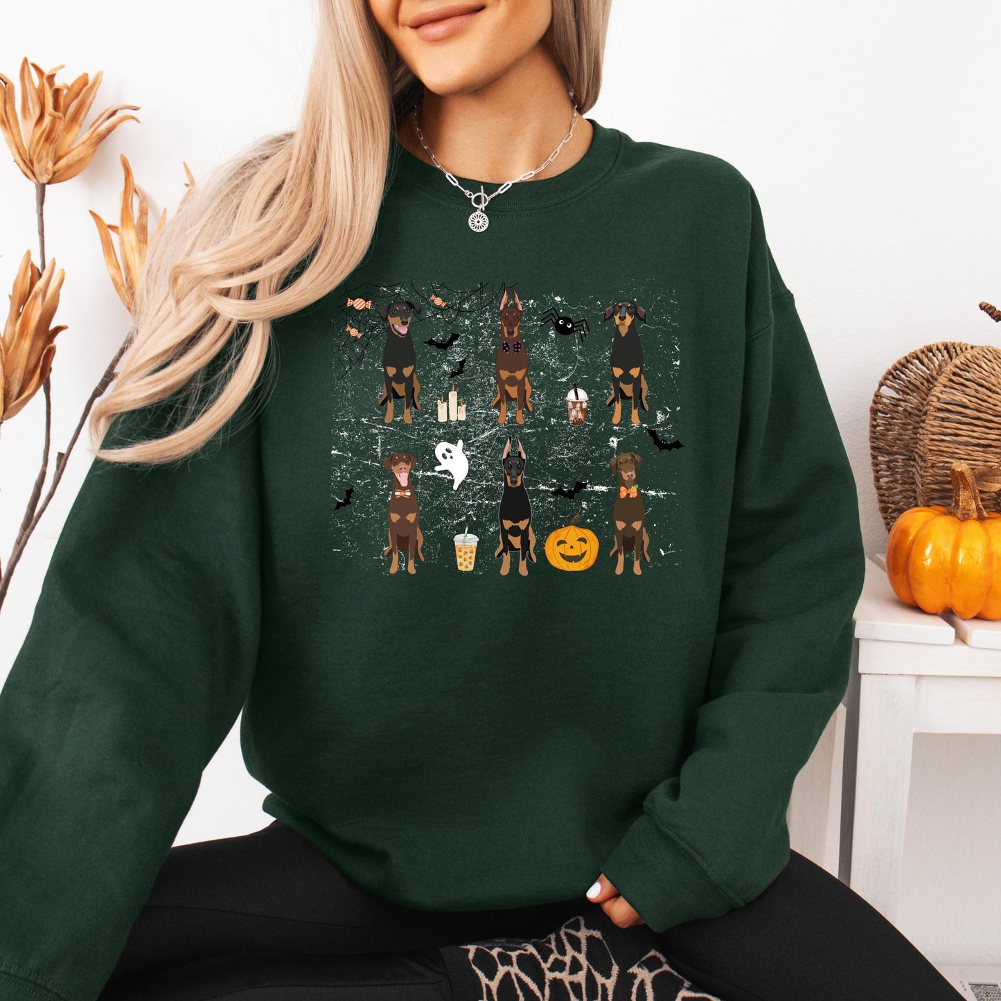 Halloween Doberman sweatshirt, doberman gifts, spooky season, fall crewneck, wife birthday gift, dobbie ghost dog shirt