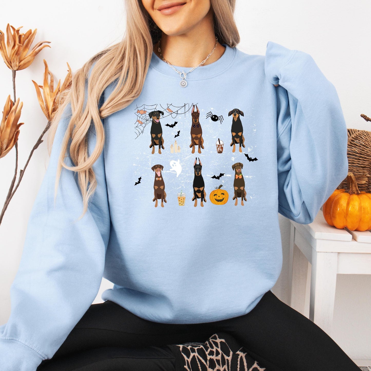 Halloween Doberman sweatshirt, doberman gifts, spooky season, fall crewneck, wife birthday gift, dobbie ghost dog shirt