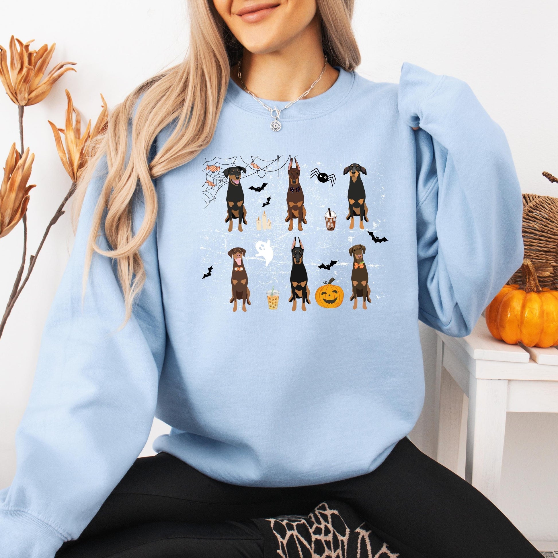 Halloween Doberman sweatshirt, doberman gifts, spooky season, fall crewneck, wife birthday gift, dobbie ghost dog shirt