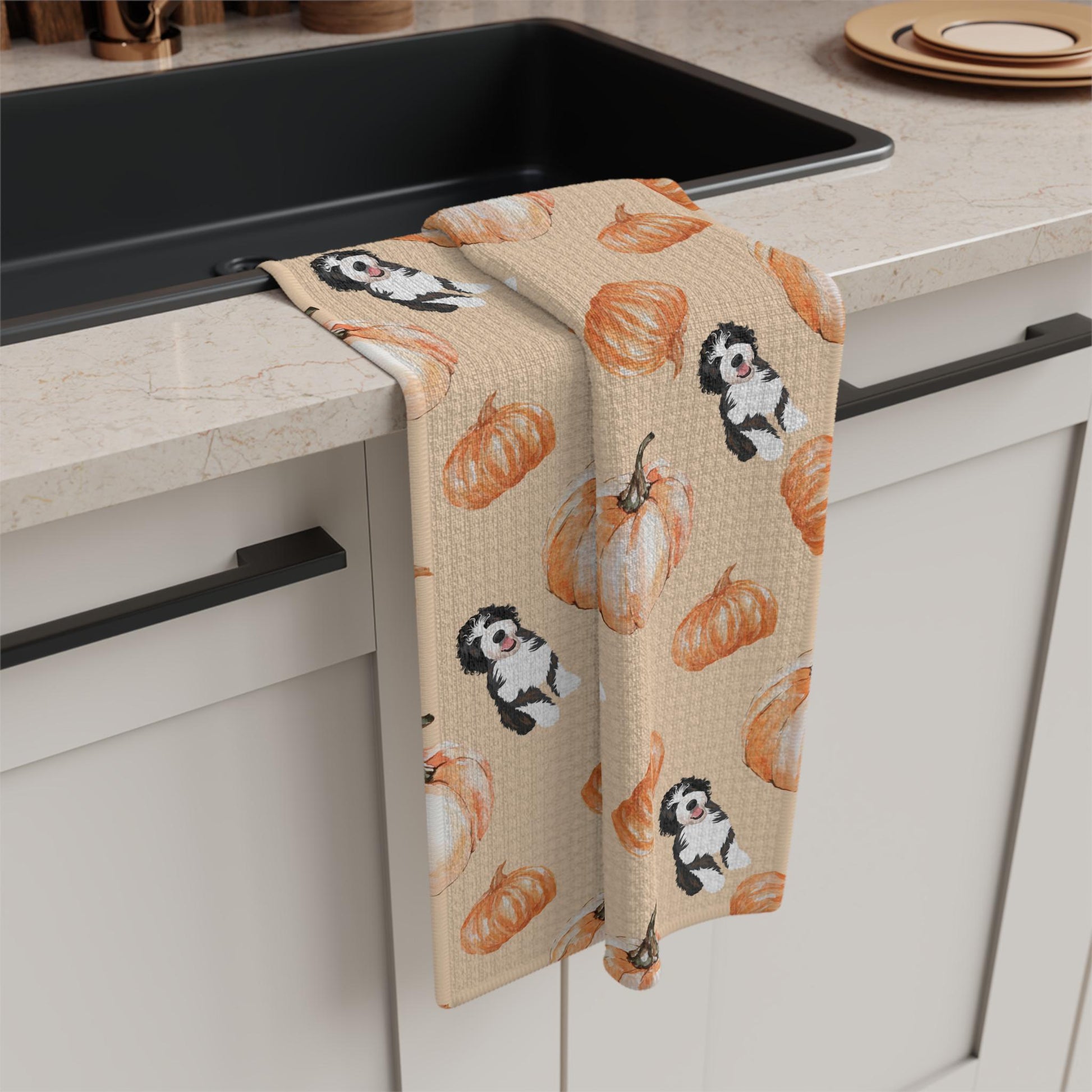Pumpkin Golden Doodle Tea Towel, Christmas tea towel, waffle kitchen flour sack, housewarming gift, doodle gifts, fall goldendoodle decor