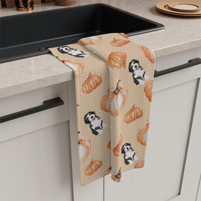 Pumpkin Golden Doodle Tea Towel, Christmas tea towel, waffle kitchen flour sack, housewarming gift, doodle gifts, fall goldendoodle decor