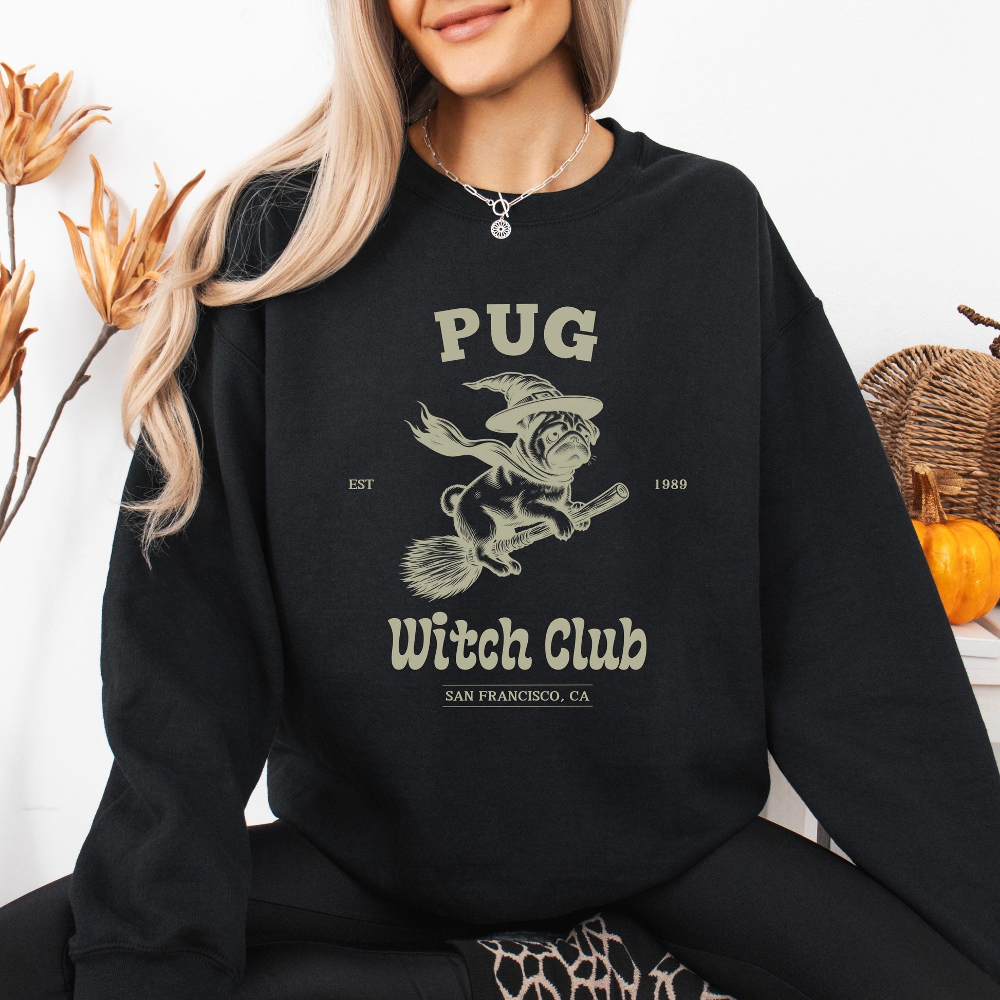 Halloween Pug Witch Club Sweatshirt, pug gifts, pug mama sweater, pug ghost dog crewneck, y2k trends, my dog is my boo, retro spooky sweater