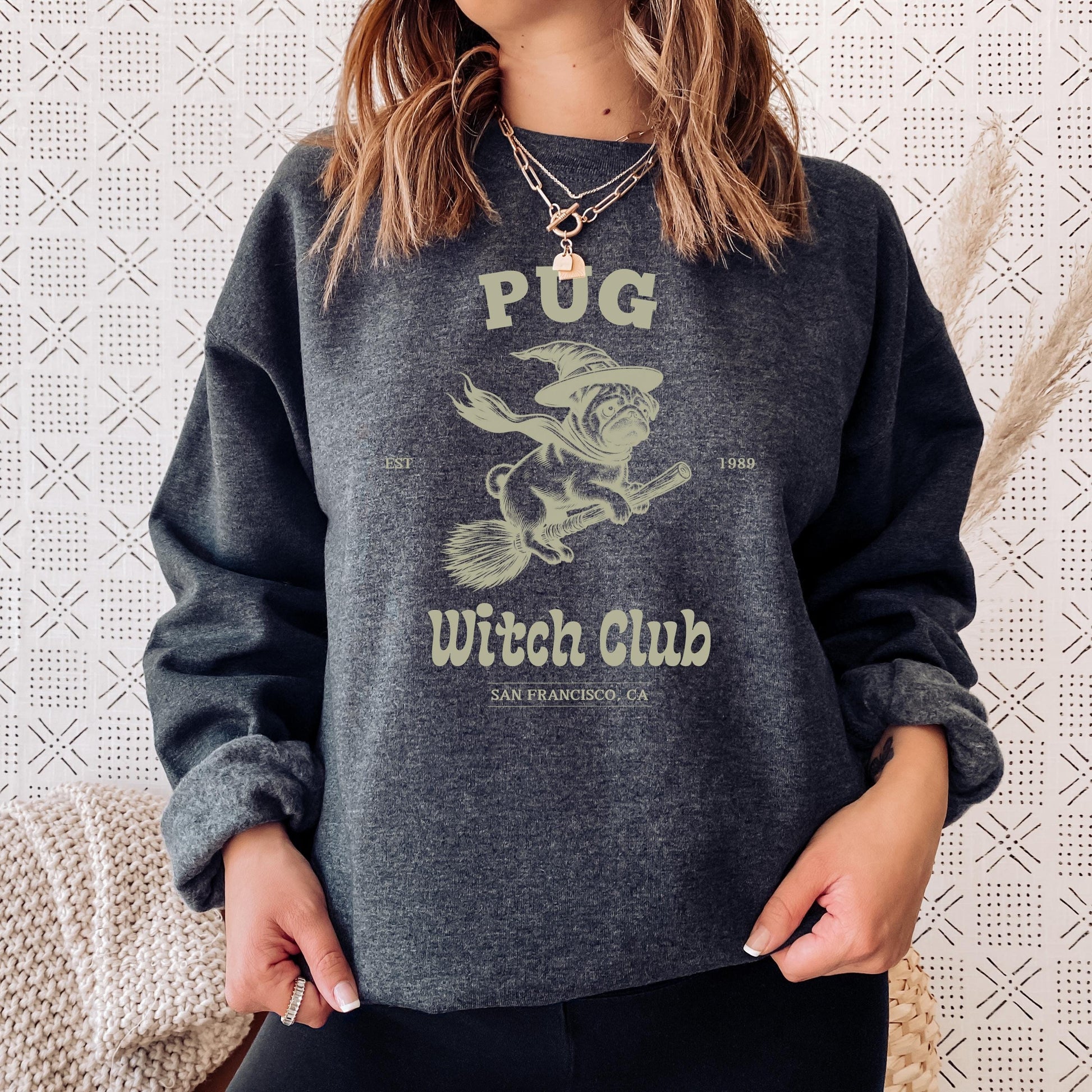 Halloween Pug Witch Club Sweatshirt, pug gifts, pug mama sweater, pug ghost dog crewneck, y2k trends, my dog is my boo, retro spooky sweater