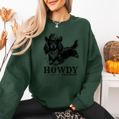 Howdy Dachshund Long Haired Sweatshirt, doxie sweater, wife birthday crewneck, dachshund gift, sausage dog, cowgirl gifts, retro texas shirt