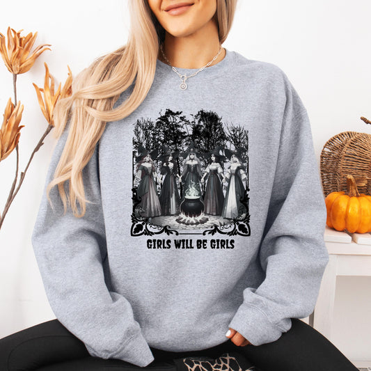 Halloween Girls Will Be Girls Witchy Feminist Sweatshirt, Women Mystic Shirt, bff crewneck, Feminist Witch Shirt, Halloween Gift For Friend