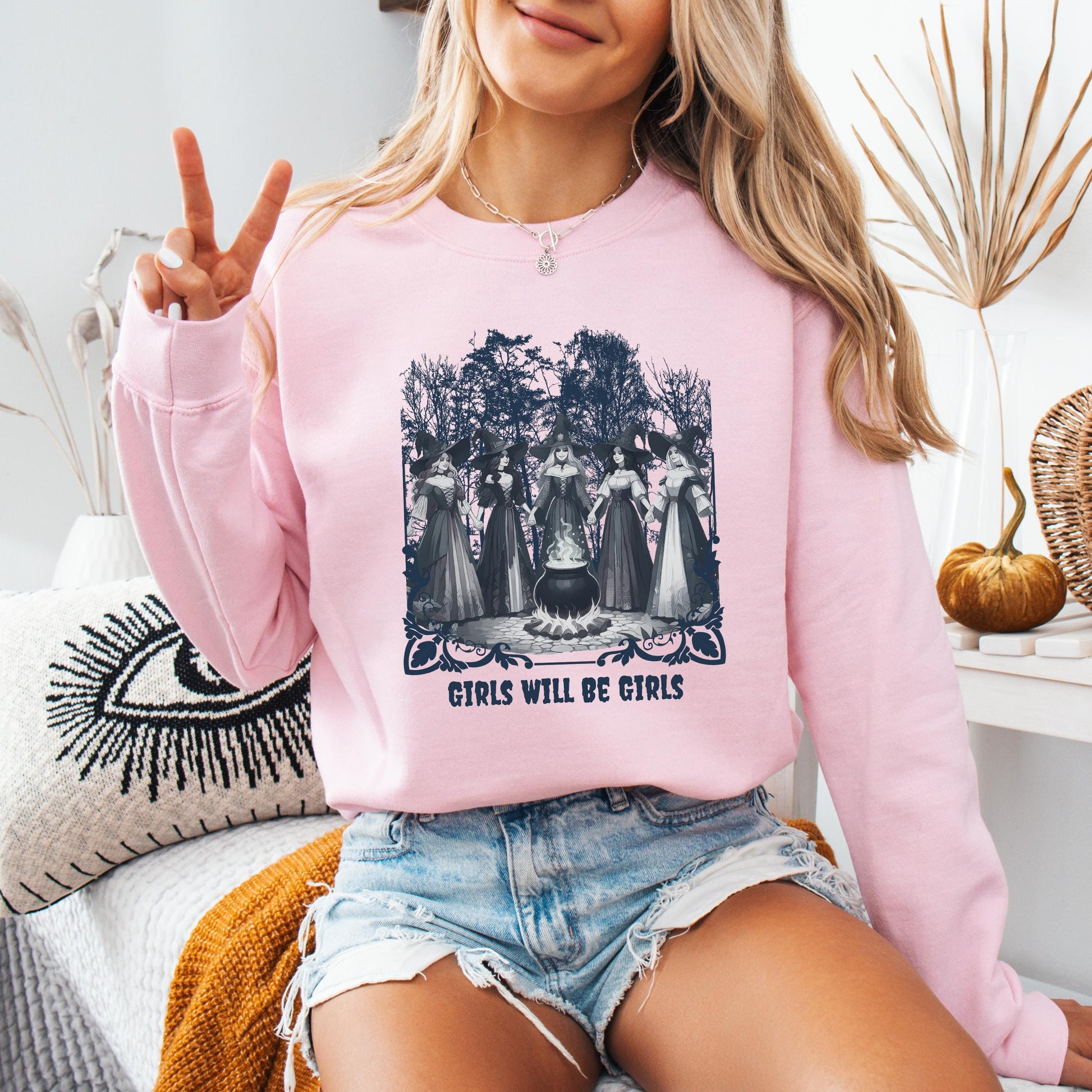 Halloween Girls Will Be Girls Witchy Feminist Sweatshirt, Women Mystic Shirt, bff crewneck, Feminist Witch Shirt, Halloween Gift For Friend