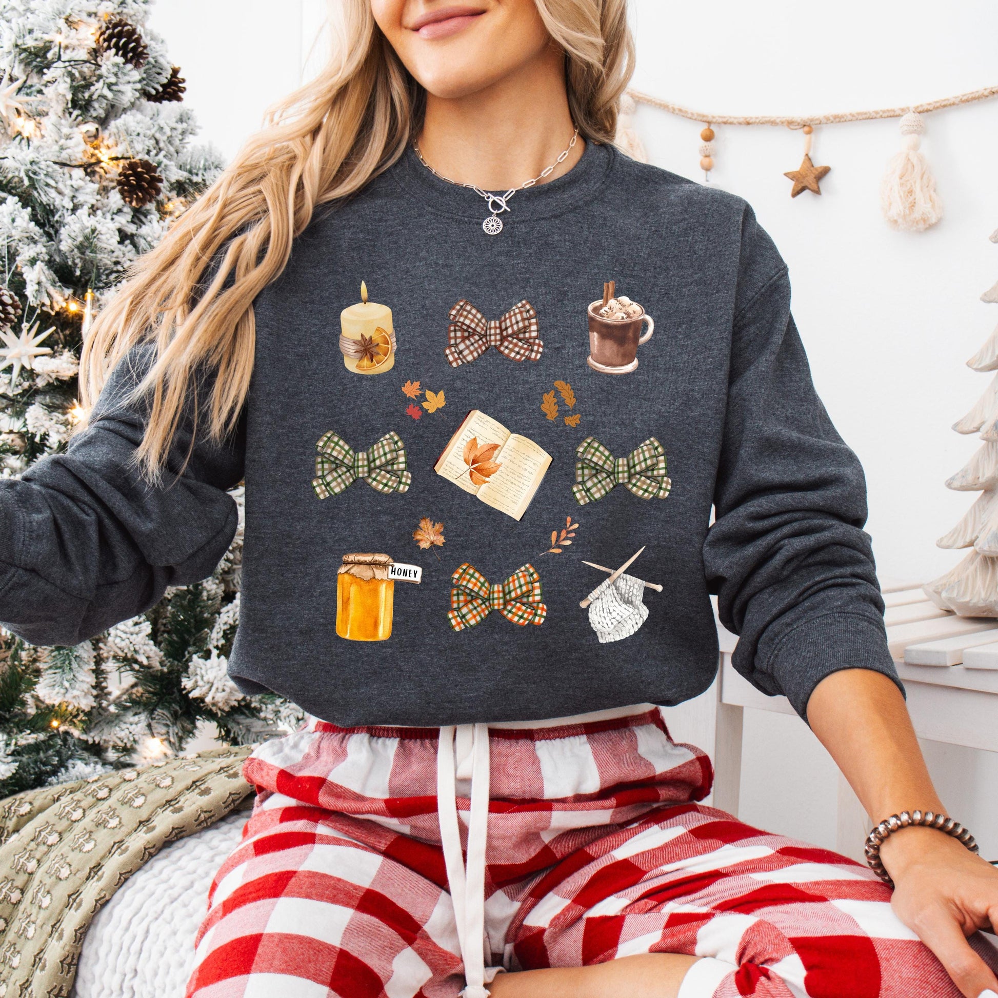 Fall Season Coquette Bow Sweater, bookish sweater library shirt, book lover gift, knitting crewneck Cottagecore librarian appreciation gift