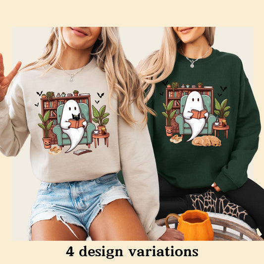 Cozy Bookish Ghost Sweater, spooky library shirt, book lover gift, reading sweatshirt cottagecore pumpkin crewneck librarian gift