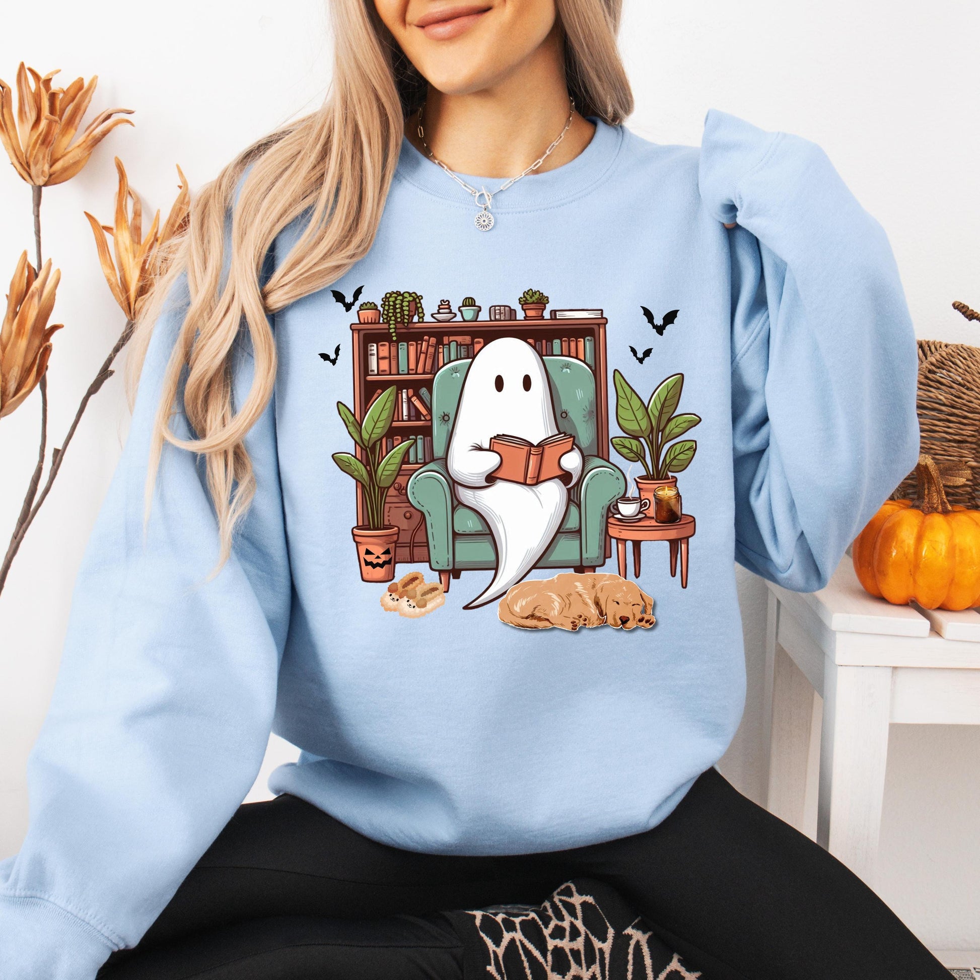 Cozy Bookish Ghost Sweater, spooky library shirt, book lover gift, reading sweatshirt cottagecore pumpkin crewneck librarian gift