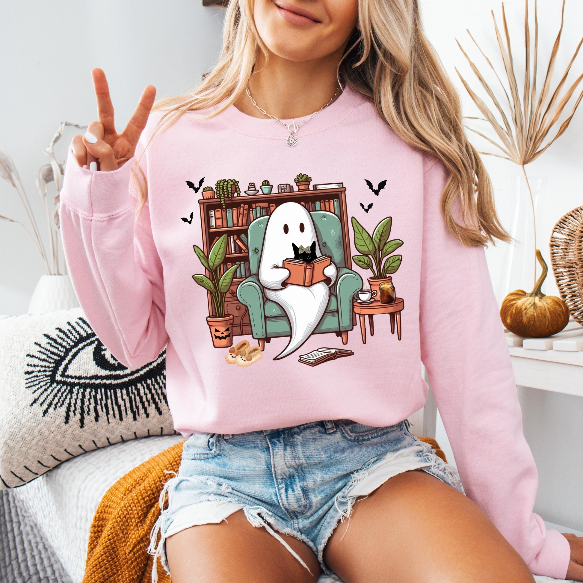 Cozy Bookish Ghost Sweater, spooky library shirt, book lover gift, reading sweatshirt cottagecore pumpkin crewneck librarian gift