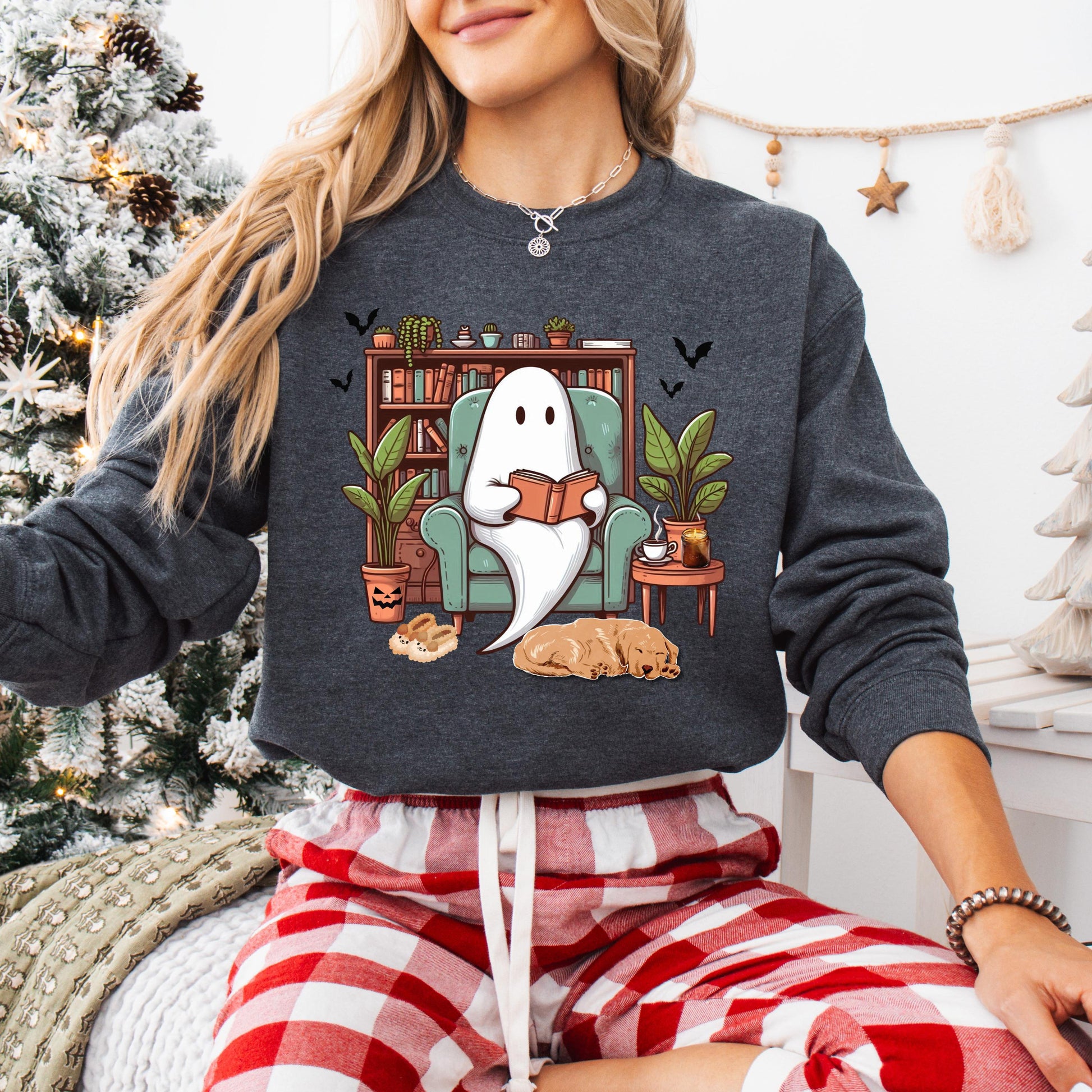 Cozy Bookish Ghost Sweater, spooky library shirt, book lover gift, reading sweatshirt cottagecore pumpkin crewneck librarian gift