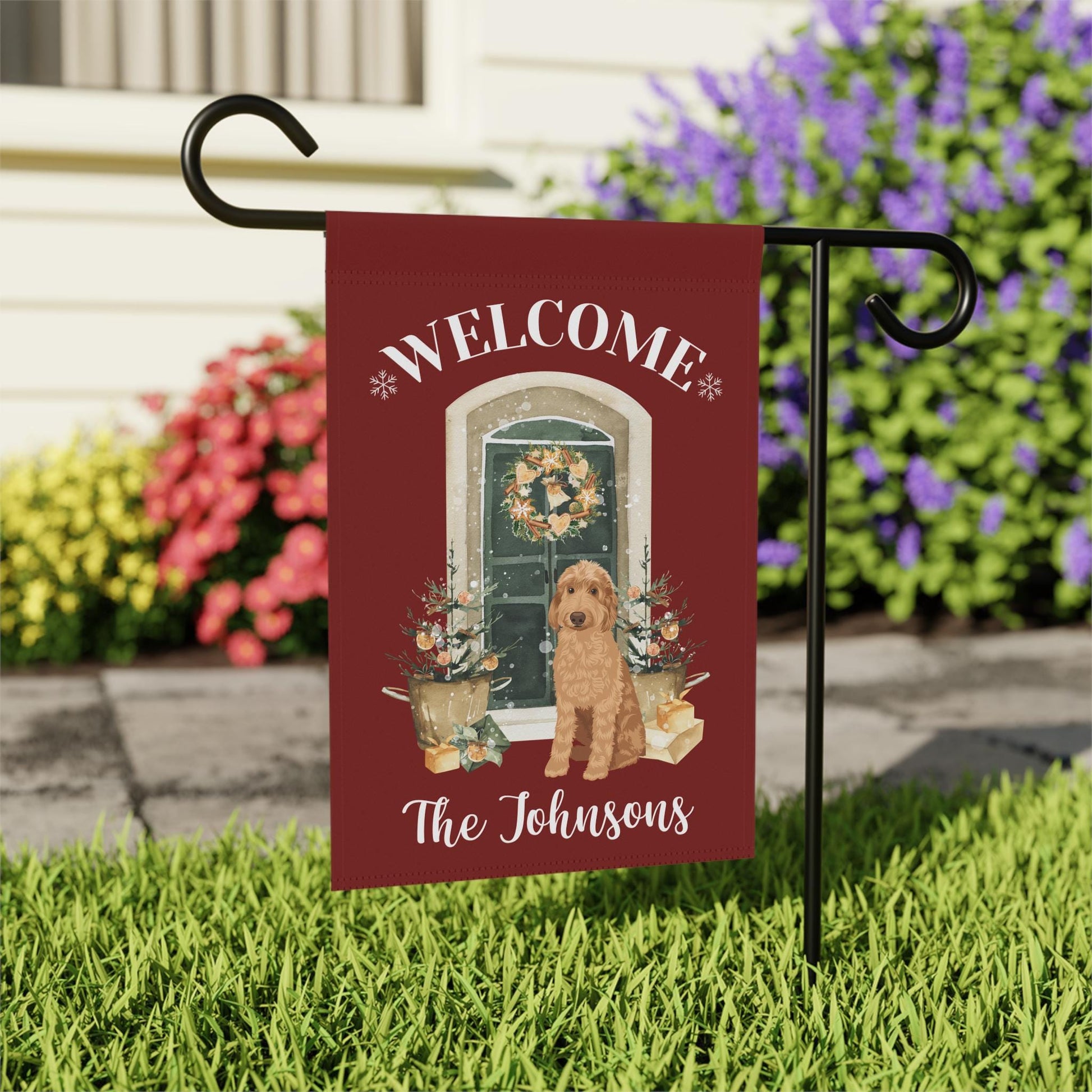 Christmas Family Doodle Garden Flag, personalized goldendoodle yard flag, gardening gifts, housewarming gift, red doodle mom gifts