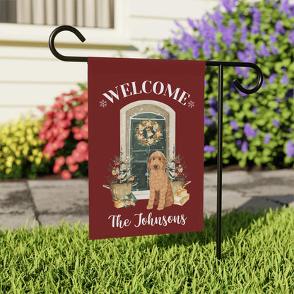Christmas Family Doodle Garden Flag, personalized goldendoodle yard flag, gardening gifts, housewarming gift, red doodle mom gifts