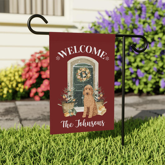 Christmas Family Doodle Garden Flag, personalized goldendoodle yard flag, gardening gifts, housewarming gift, red doodle mom gifts