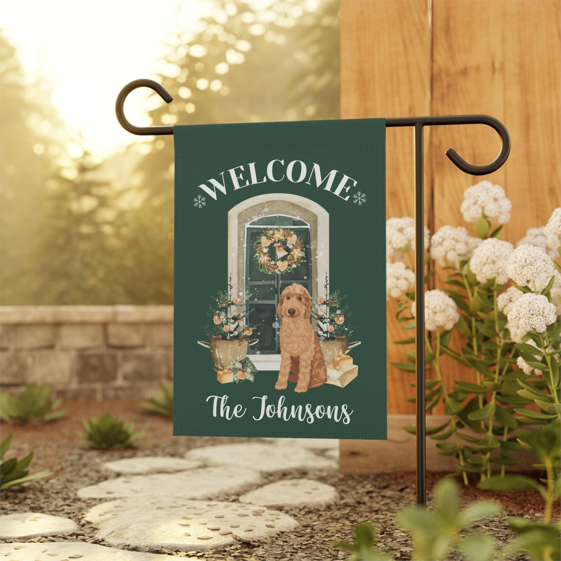 Christmas Family Doodle Garden Flag, personalized goldendoodle yard flag, gardening gifts, housewarming gift, red doodle mom gifts