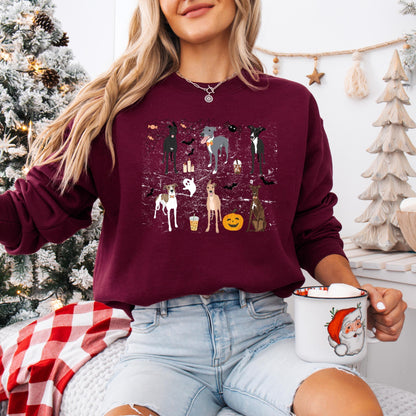 Spooky Halloween Whippet Shirt, Greyhound sweatshirt, trick and treating sweater, bats ghost dog crewneck, wife Christmas gift, whippet pupy