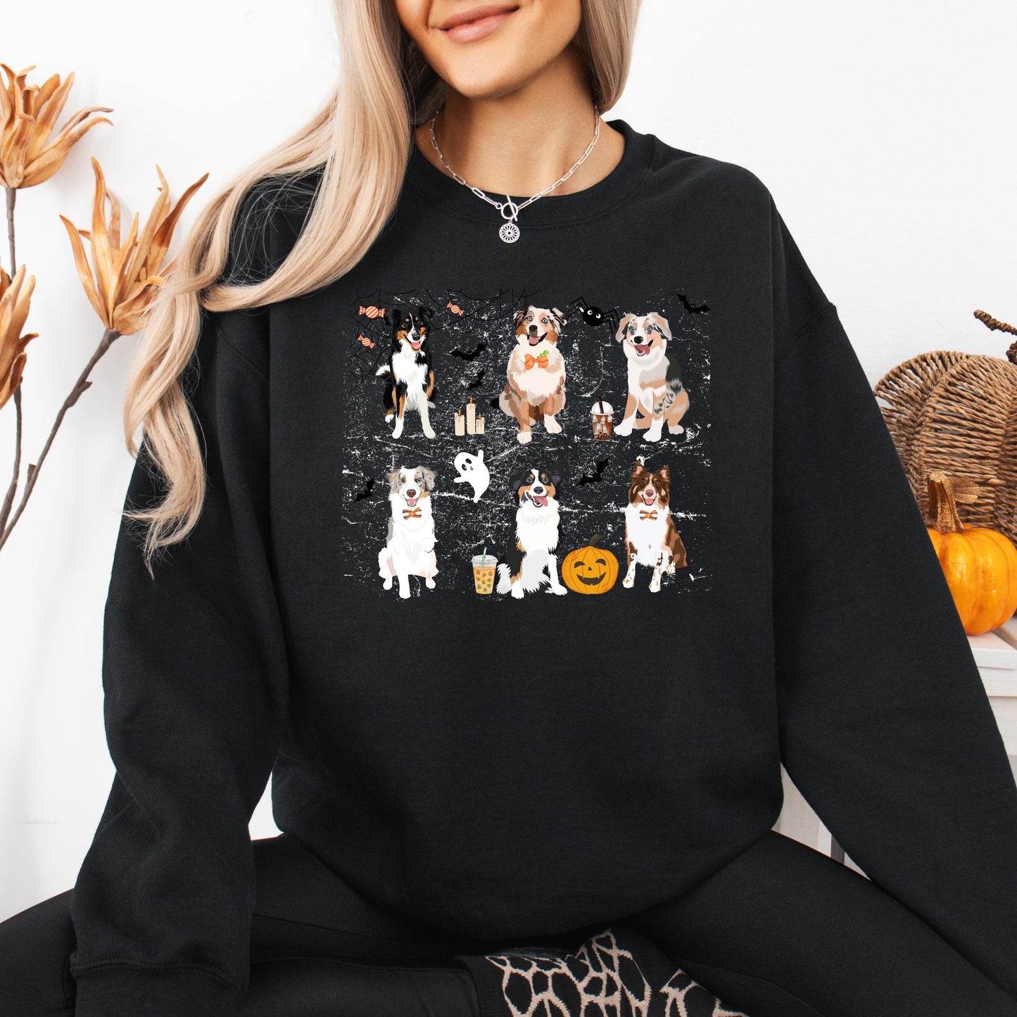 Spooky Halloween Aussie Shirt, Australian Shepherd Sweatshirt, Christmas Shepherd Gift, fall dog mom sweater, bats ghost spider pumpkin crew