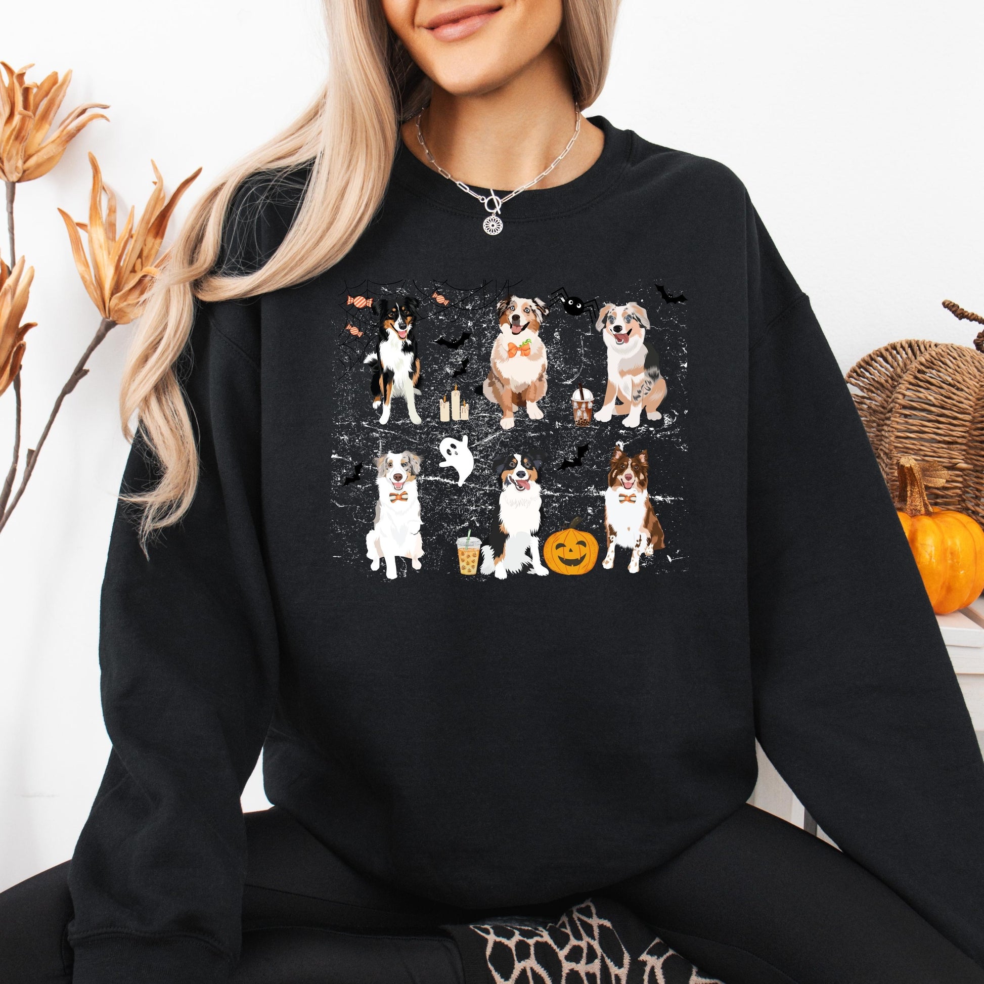 Spooky Halloween Aussie Shirt, Australian Shepherd Sweatshirt, Christmas Shepherd Gift, fall dog mom sweater, bats ghost spider pumpkin crew