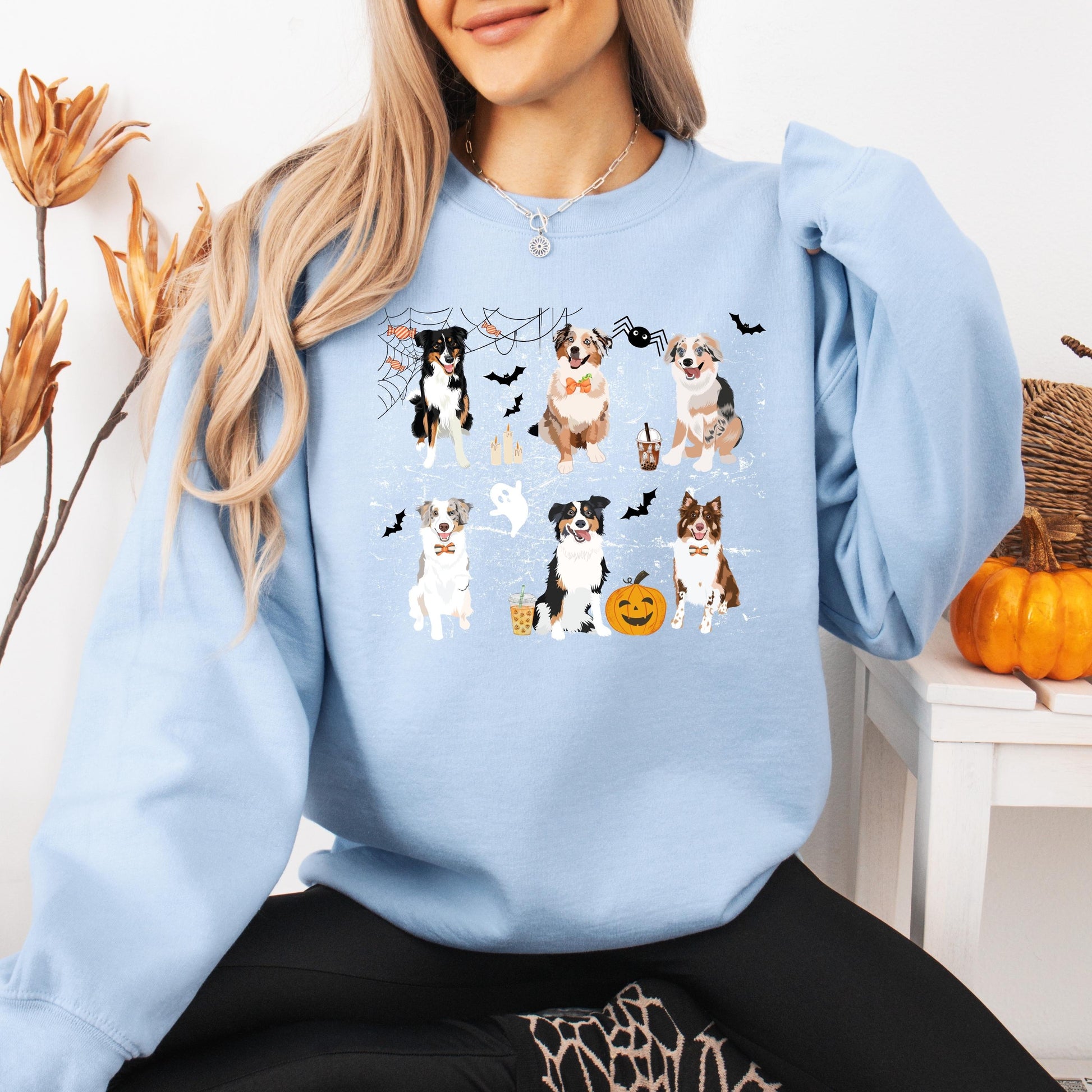 Spooky Halloween Aussie Shirt, Australian Shepherd Sweatshirt, Christmas Shepherd Gift, fall dog mom sweater, bats ghost spider pumpkin crew