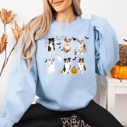 Spooky Halloween Aussie Shirt, Australian Shepherd Sweatshirt, Christmas Shepherd Gift, fall dog mom sweater, bats ghost spider pumpkin crew
