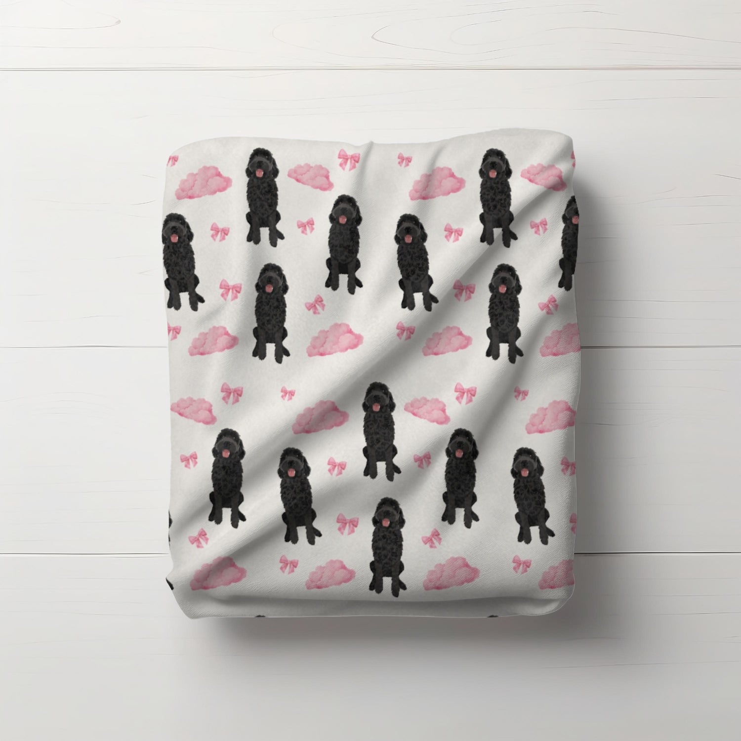Black Golden doodle baby minky blanket with pink clouds bows
