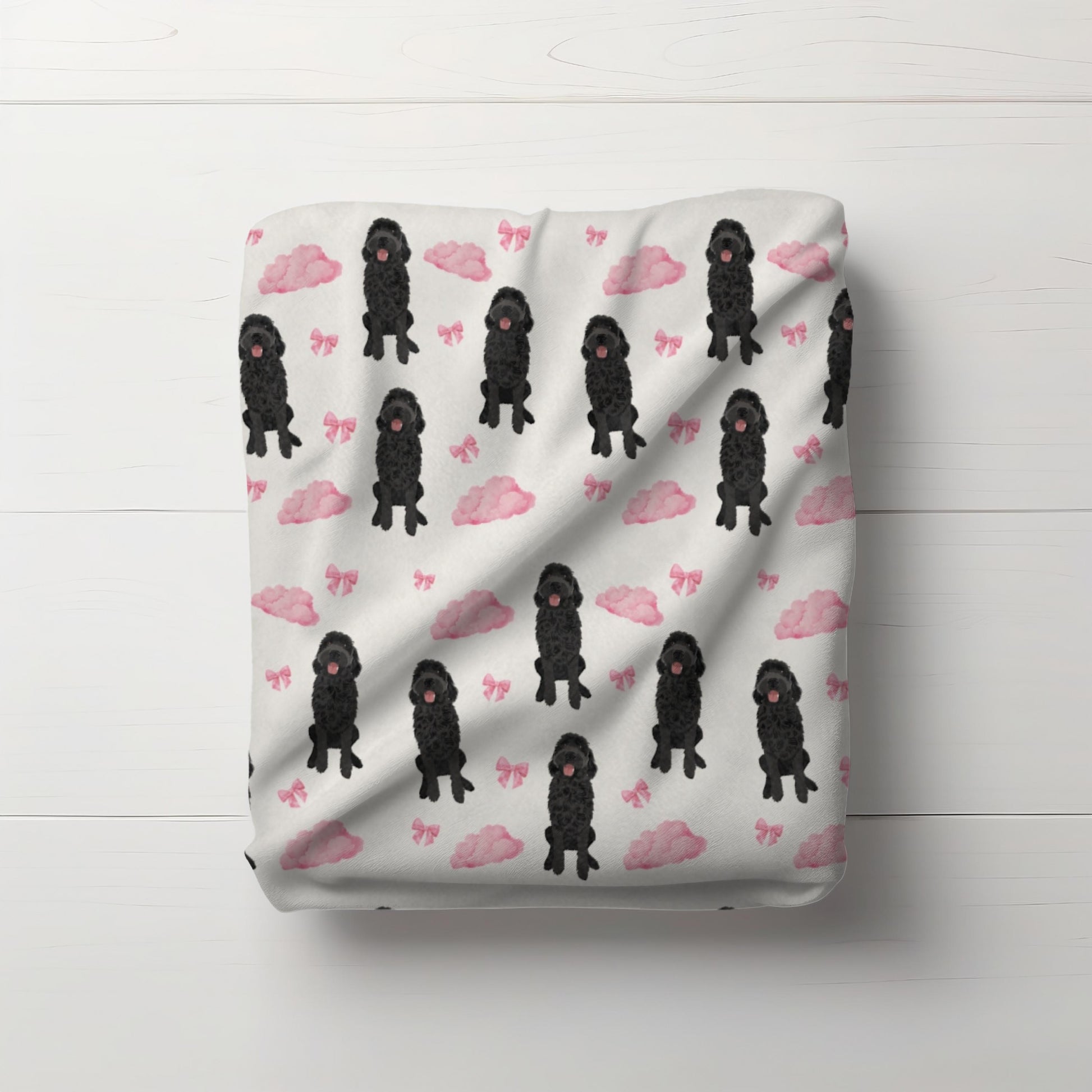 Black Golden doodle baby minky blanket with pink clouds bows