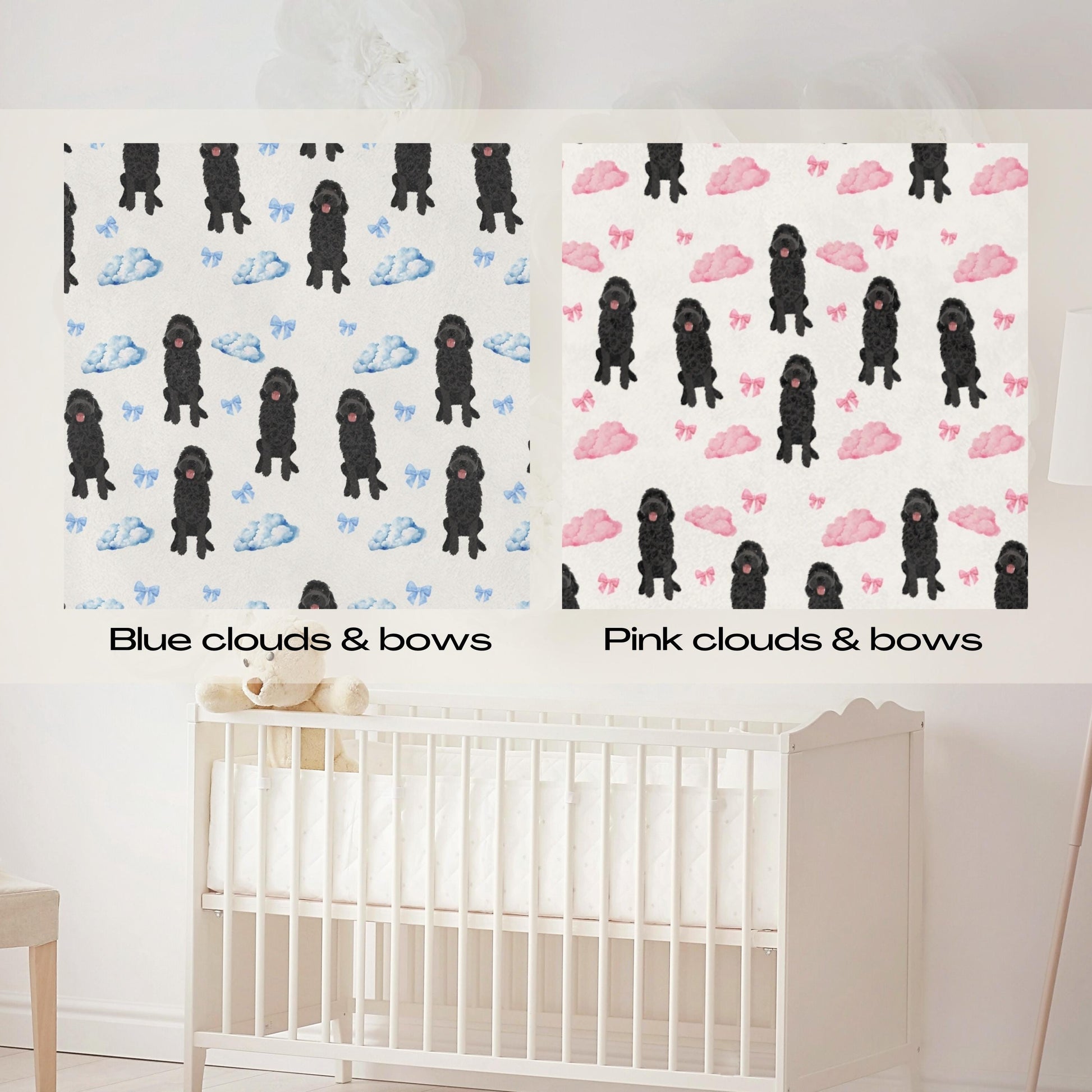 Goldendoodle Baby minky blanket with clouds bows, microfiber blanket, doodle blanket, doodle gift, newborn gift baby blanket, Christmas gift