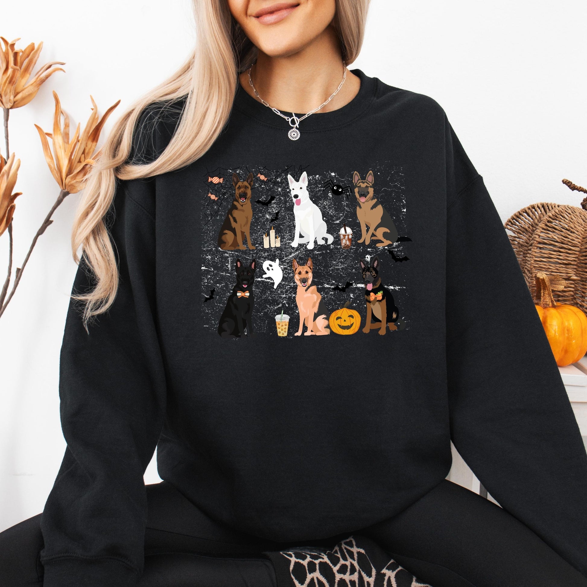 Spooky Halloween German Shepherd Sweatshirt, german shepherd gift, gsd Christmas shepard wedding gift, pumpkin ghost bat, wife birthday gift