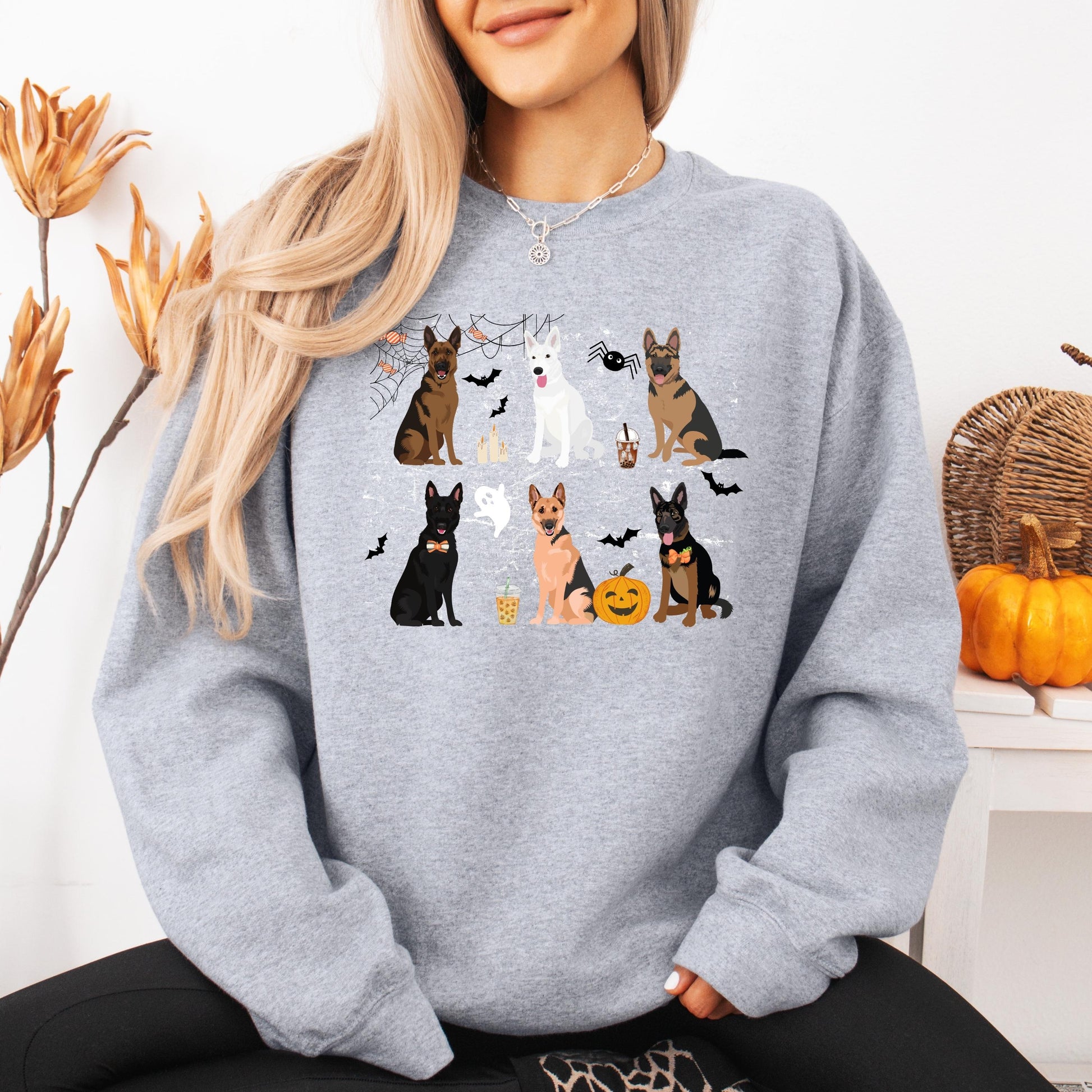 Spooky Halloween German Shepherd Sweatshirt, german shepherd gift, gsd Christmas shepard wedding gift, pumpkin ghost bat, wife birthday gift