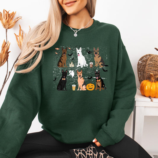 Spooky Halloween German Shepherd sweatshirt with pumpkin, bats, ghost, candies