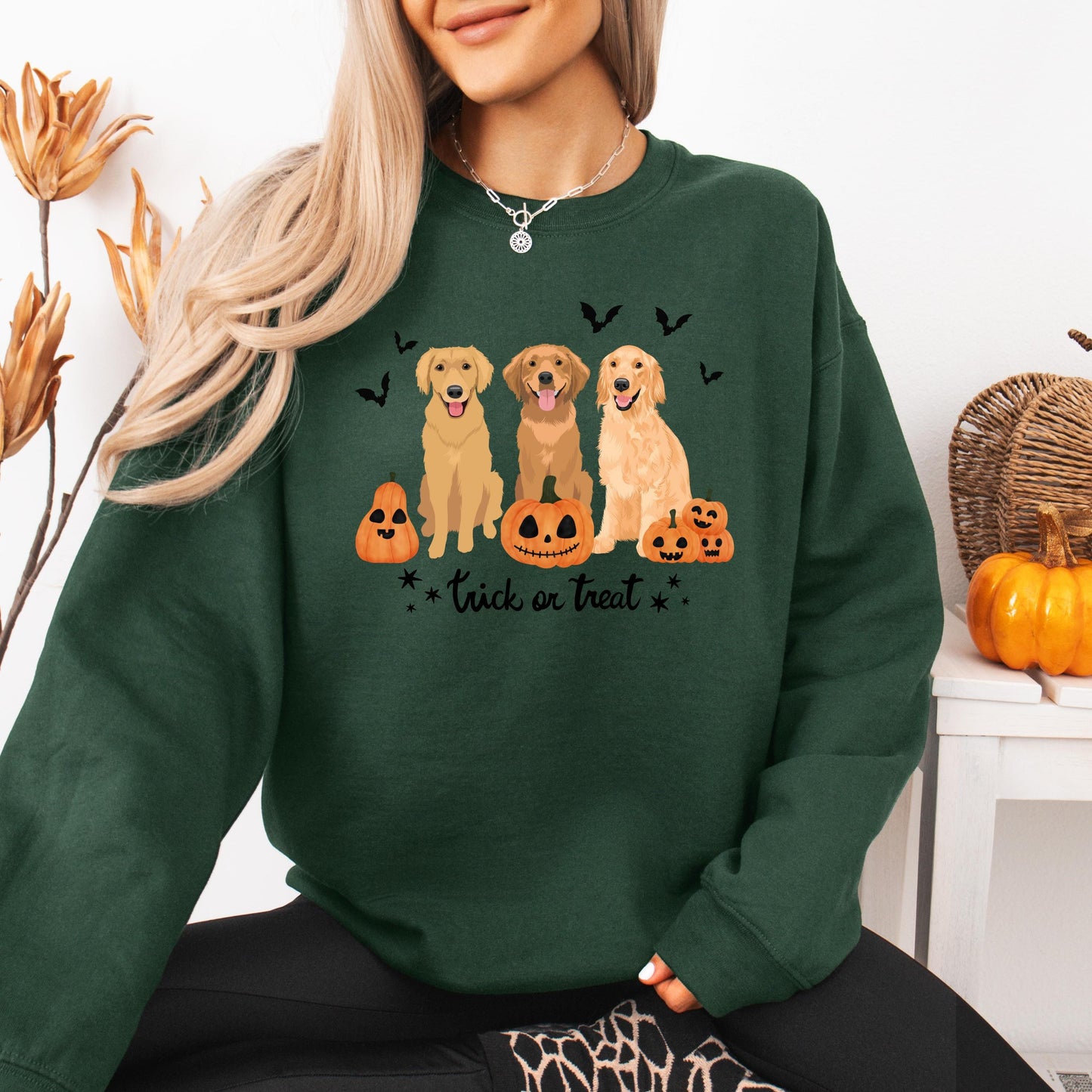 Halloween Golden retriever sweatshirt for trick treating, pumpkin dog shirt, ghost retriever, dog mom birthday gift, Christmas sweater
