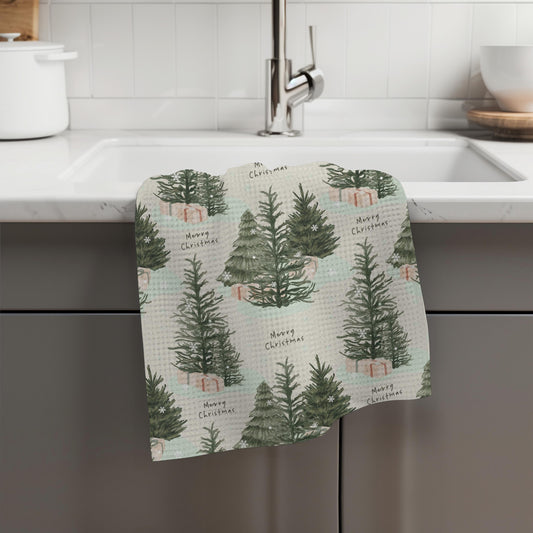 Merry Christmas Tea Towel, waffle kitchen towel, xmas home decor flour sack, grandma gifts, wife birthday gift, christmas tree hand towel
