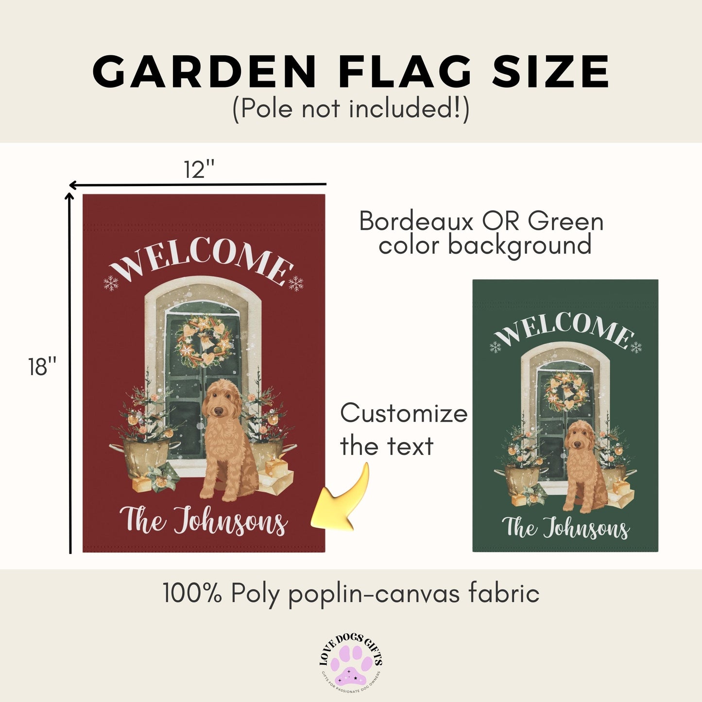 Christmas Family Doodle Garden Flag, personalized goldendoodle yard flag, gardening gifts, housewarming gift, red doodle mom gifts