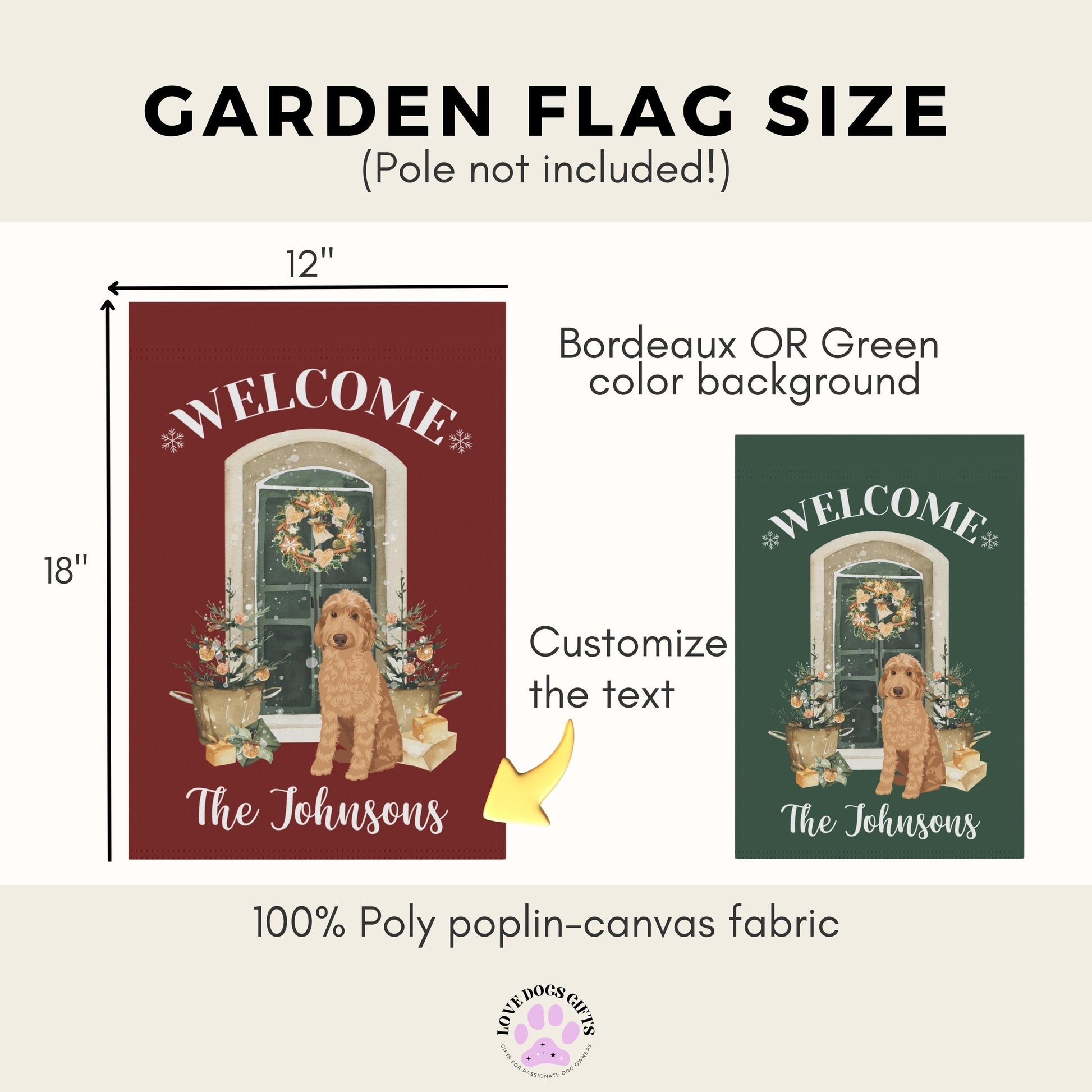 Christmas Family Doodle Garden Flag, personalized goldendoodle yard flag, gardening gifts, housewarming gift, red doodle mom gifts