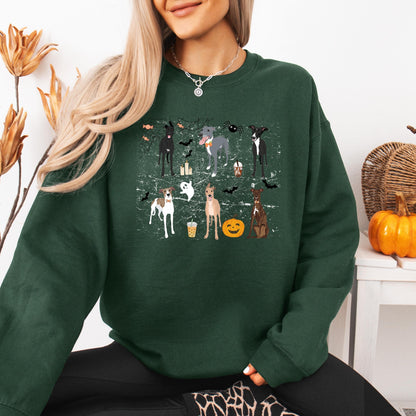 Spooky Halloween Whippet Shirt, Greyhound sweatshirt, trick and treating sweater, bats ghost dog crewneck, wife Christmas gift, whippet pupy
