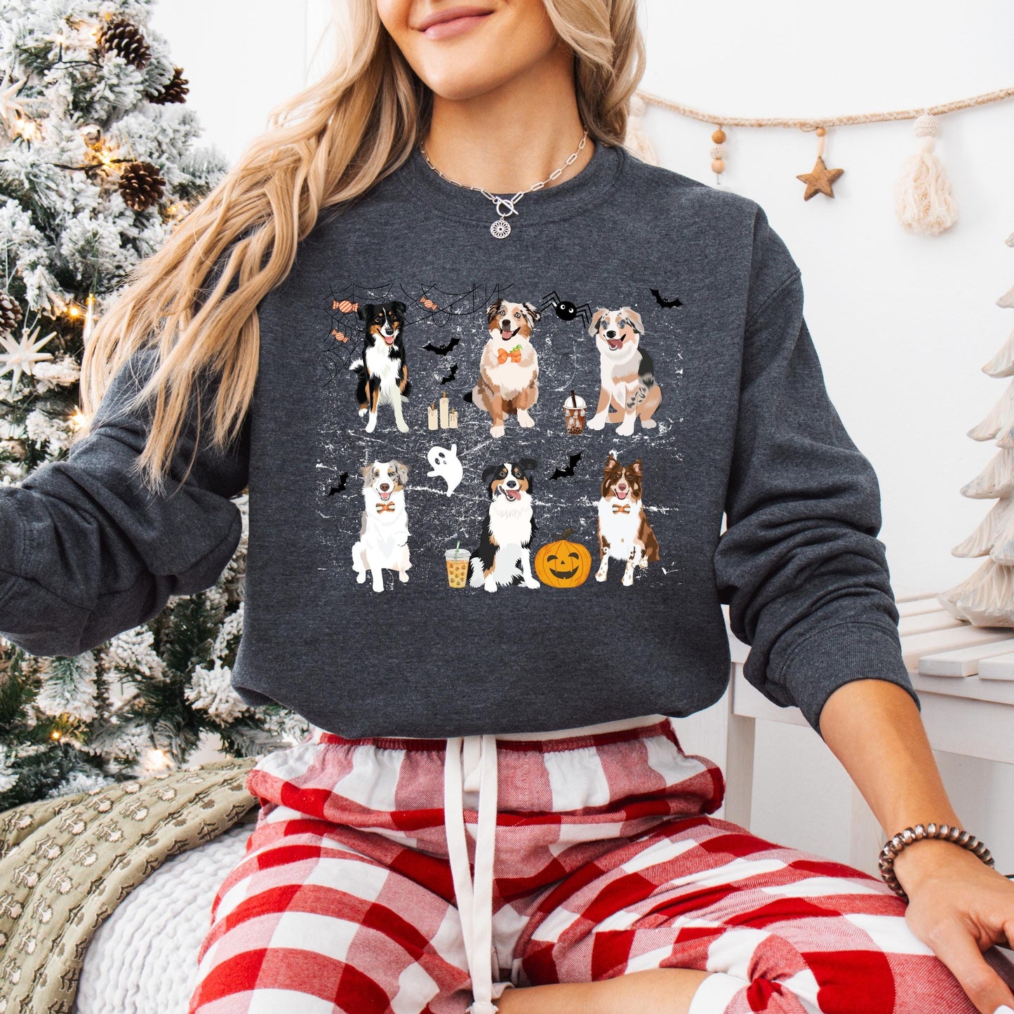 Spooky Halloween Aussie Shirt, Australian Shepherd Sweatshirt, Christmas Shepherd Gift, fall dog mom sweater, bats ghost spider pumpkin crew