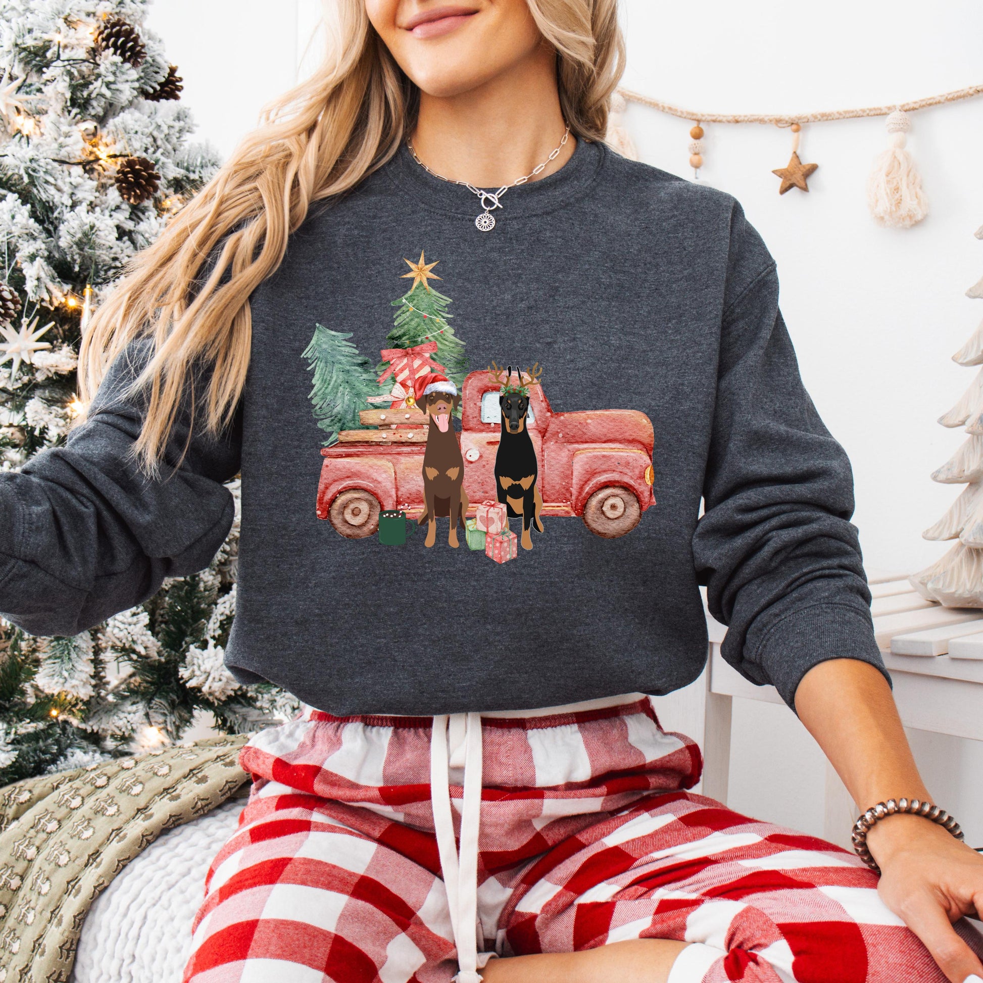 Christmas Truck Doberman Sweatshirt, Doberman Christmas gift for Doberman Owner, dobbie mom shirt, ugly dog xmas sweater, wife birthday gift