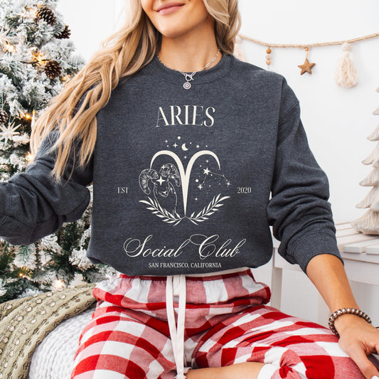 Aries Sign Social Club Sweatshirt, astrological sign shirt, aries star sign sweater, wife birthday gift, sister Christmas gift, aries zodiac